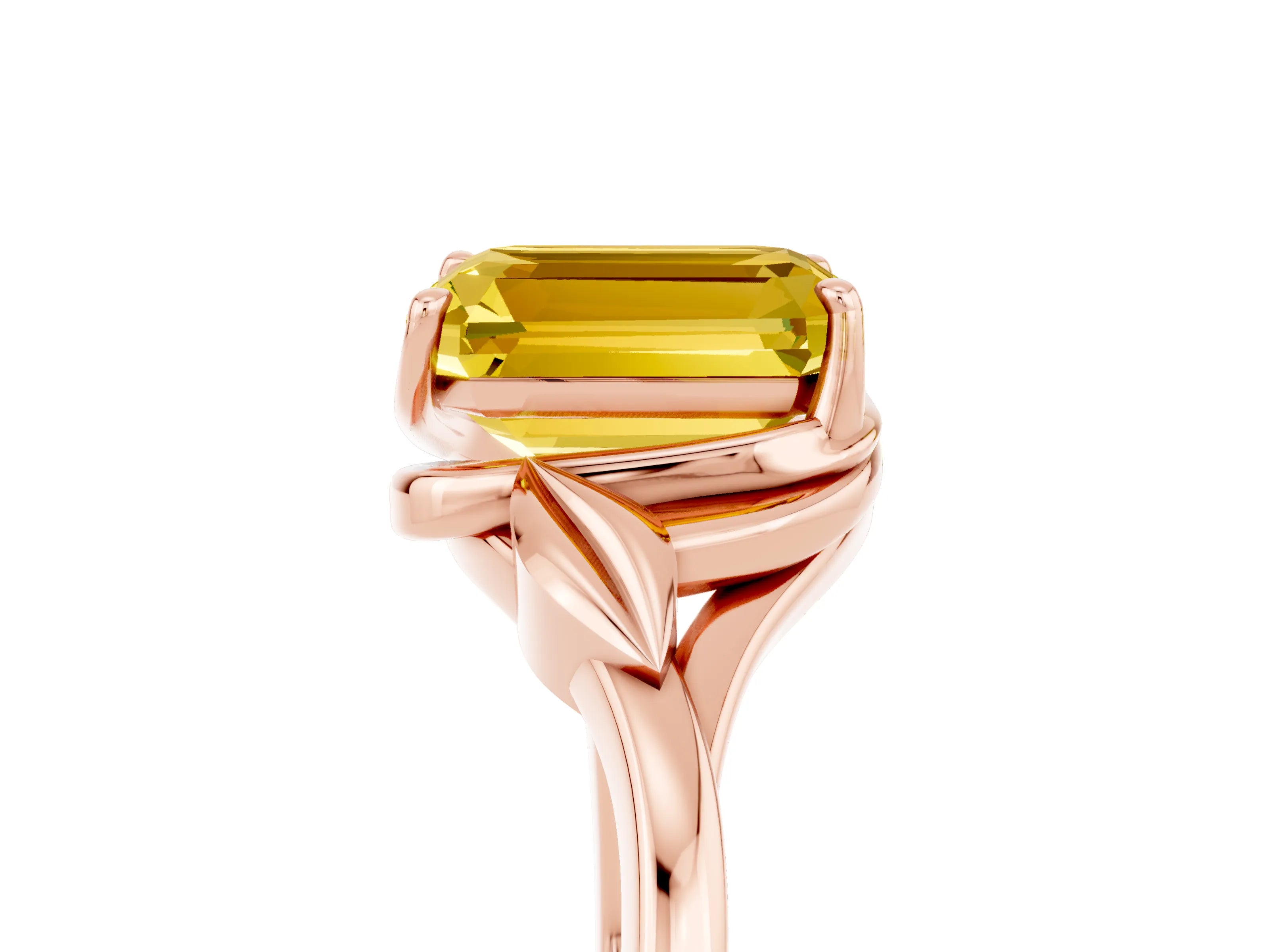 Rose gold Emerald Cut Yellow Sapphire Solitaire Ring with Twist Band and Four-Prong Setting_29