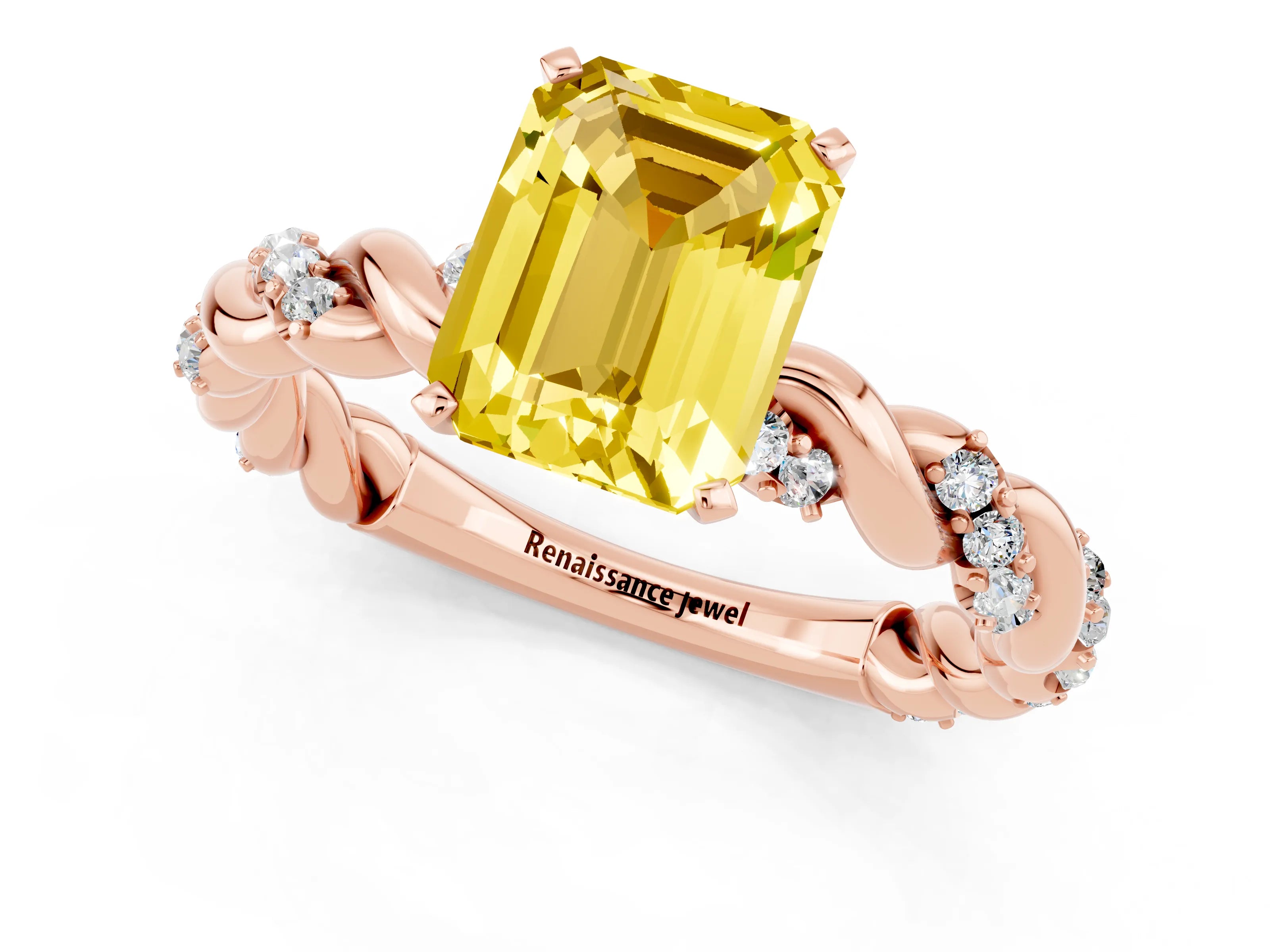 Rose gold Emerald Cut Yellow Sapphire Solitaire Ring with Twisted Band and Pavé Accents_1