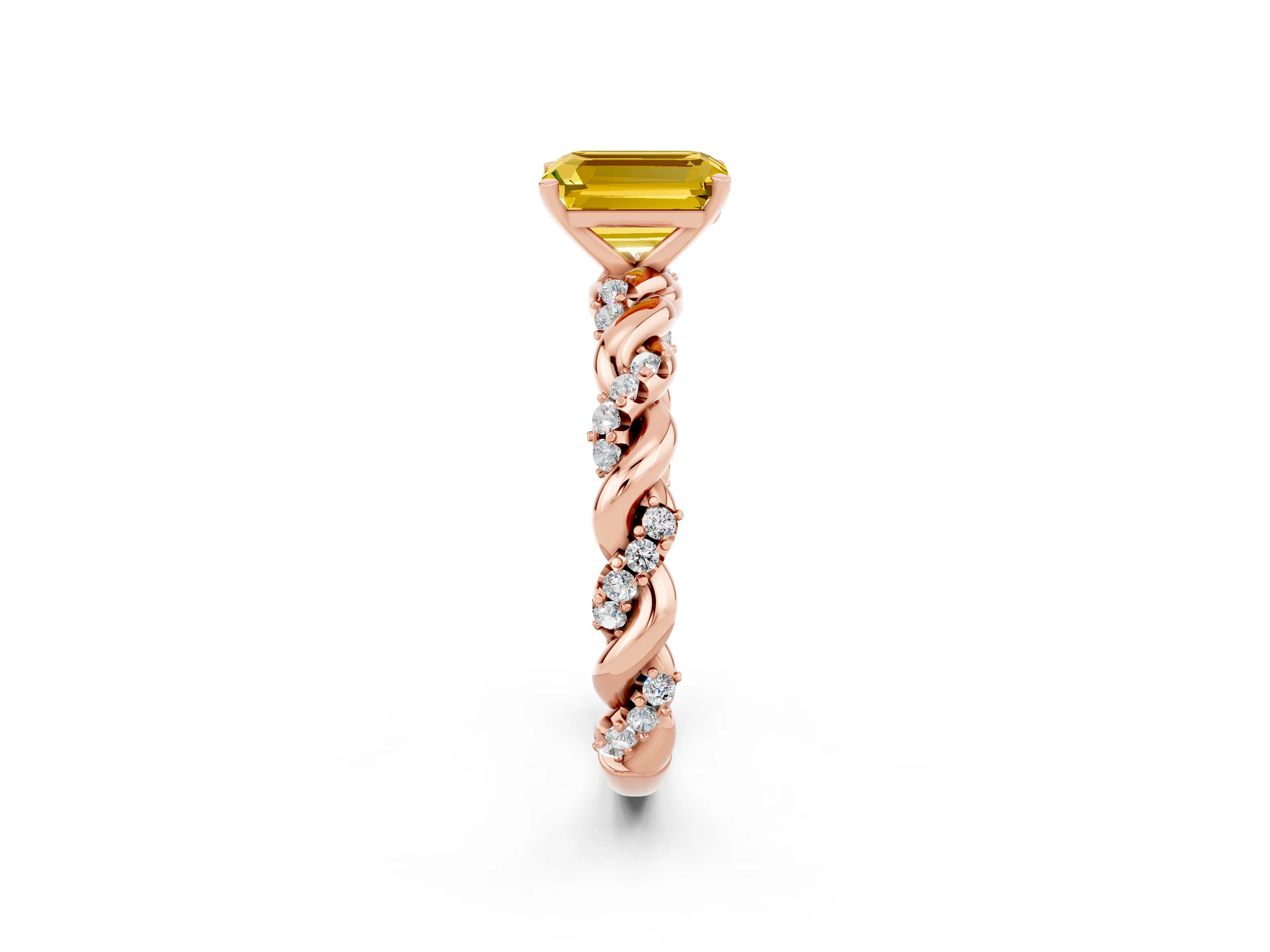 Rose gold Emerald Cut Yellow Sapphire Solitaire Ring with Twisted Band and Pavé Accents_2