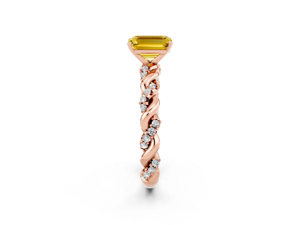 Rose gold Emerald Cut Yellow Sapphire Solitaire Ring with Twisted Band and Pavé Accents
