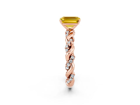 Rose gold Emerald Cut Yellow Sapphire Solitaire Ring with Twisted Band and Pavé Accents_2