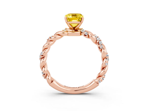Rose gold Emerald Cut Yellow Sapphire Solitaire Ring with Twisted Band and Pavé Accents