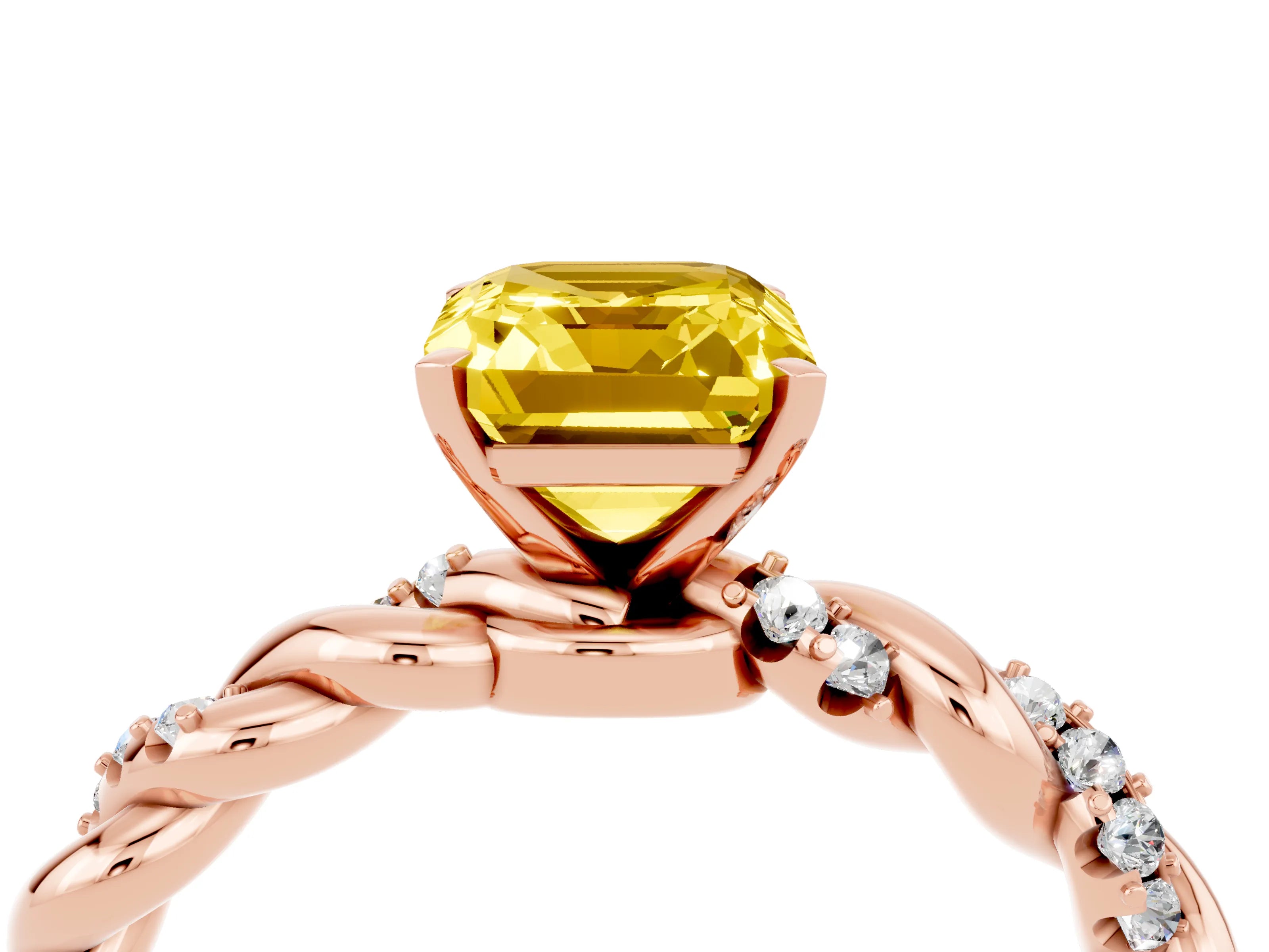 Rose gold Emerald Cut Yellow Sapphire Solitaire Ring with Twisted Band and Pavé Accents_4