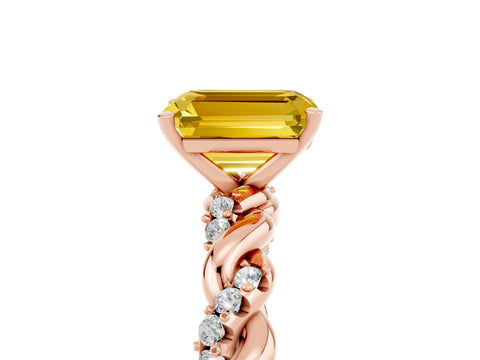 Rose gold Emerald Cut Yellow Sapphire Solitaire Ring with Twisted Band and Pavé Accents_5