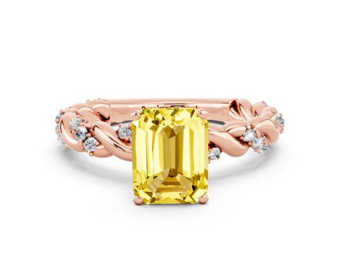 Rose gold Emerald Cut Yellow Sapphire Solitaire Ring with Twisted Band and Pavé Accents
