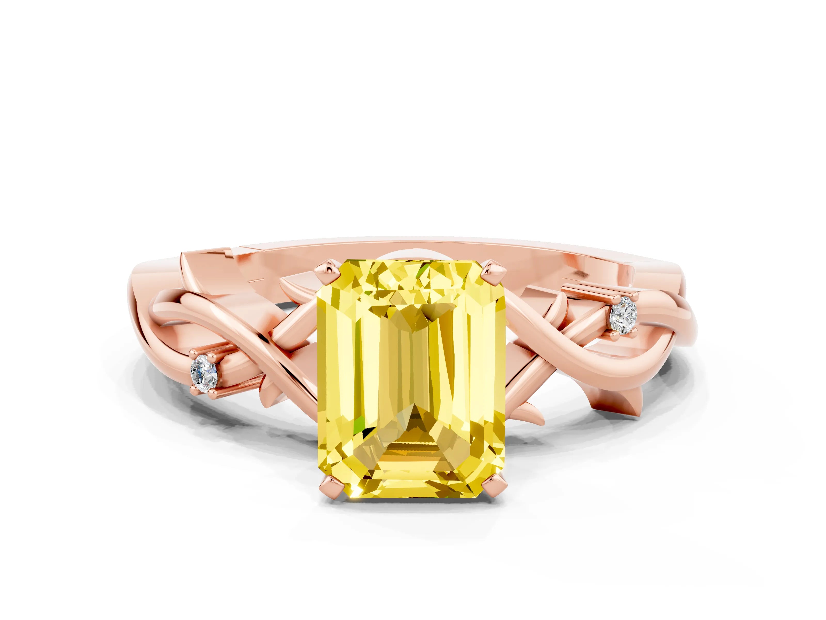 Rose gold Emerald Cut Yellow Sapphire Solitaire Ring with Twisted Band and Prong Setting