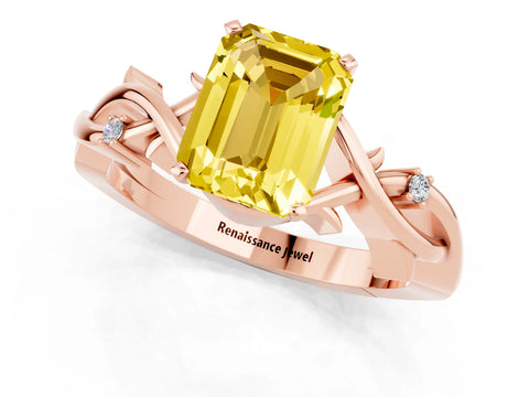 Rose gold Emerald Cut Yellow Sapphire Solitaire Ring with Twisted Band and Prong Setting_1