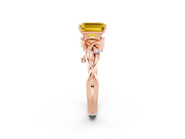Rose gold Emerald Cut Yellow Sapphire Solitaire Ring with Twisted Band and Prong Setting