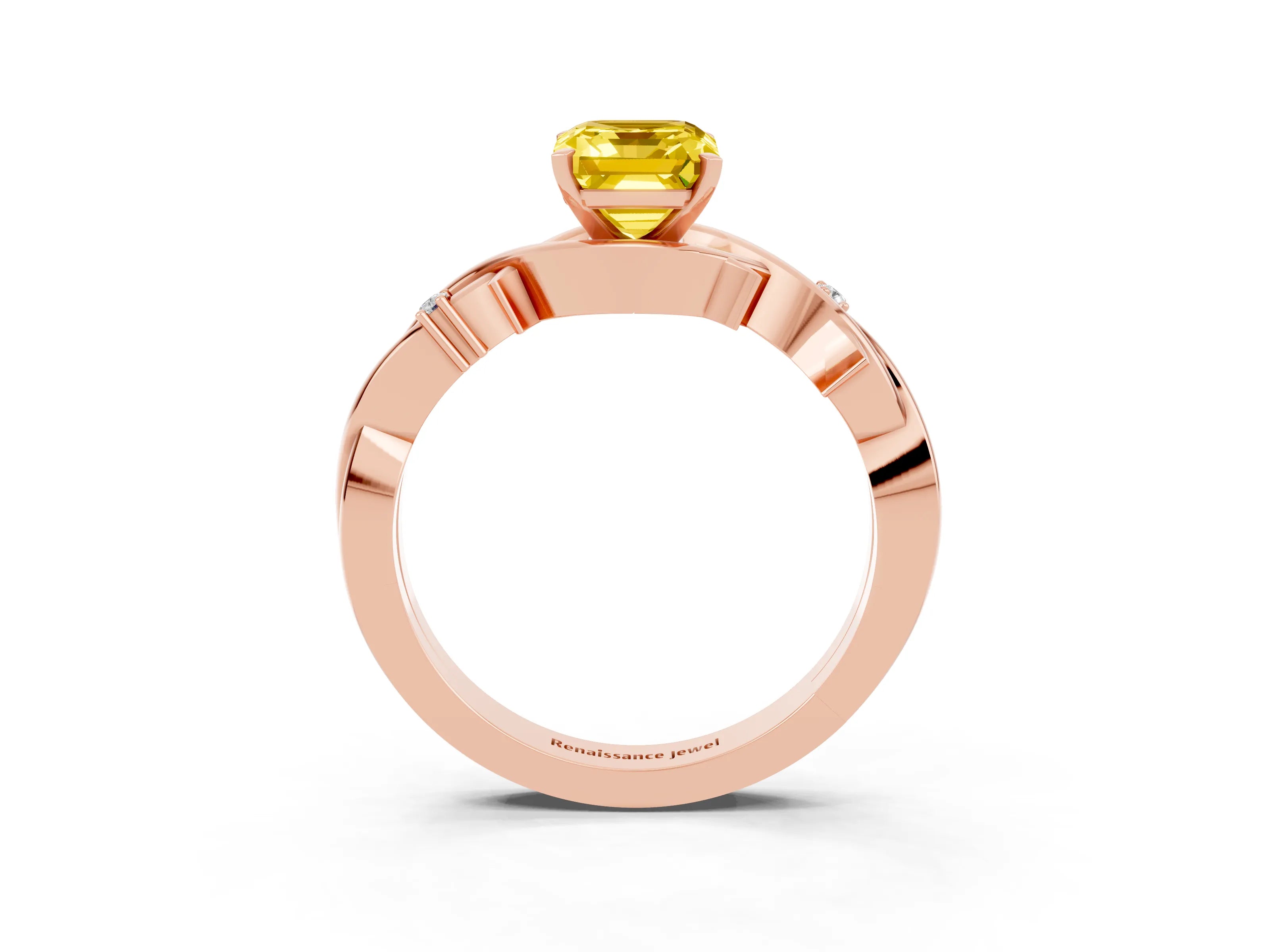 Rose gold Emerald Cut Yellow Sapphire Solitaire Ring with Twisted Band and Prong Setting_3