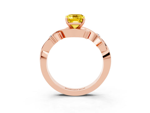 Rose gold Emerald Cut Yellow Sapphire Solitaire Ring with Twisted Band and Prong Setting_3