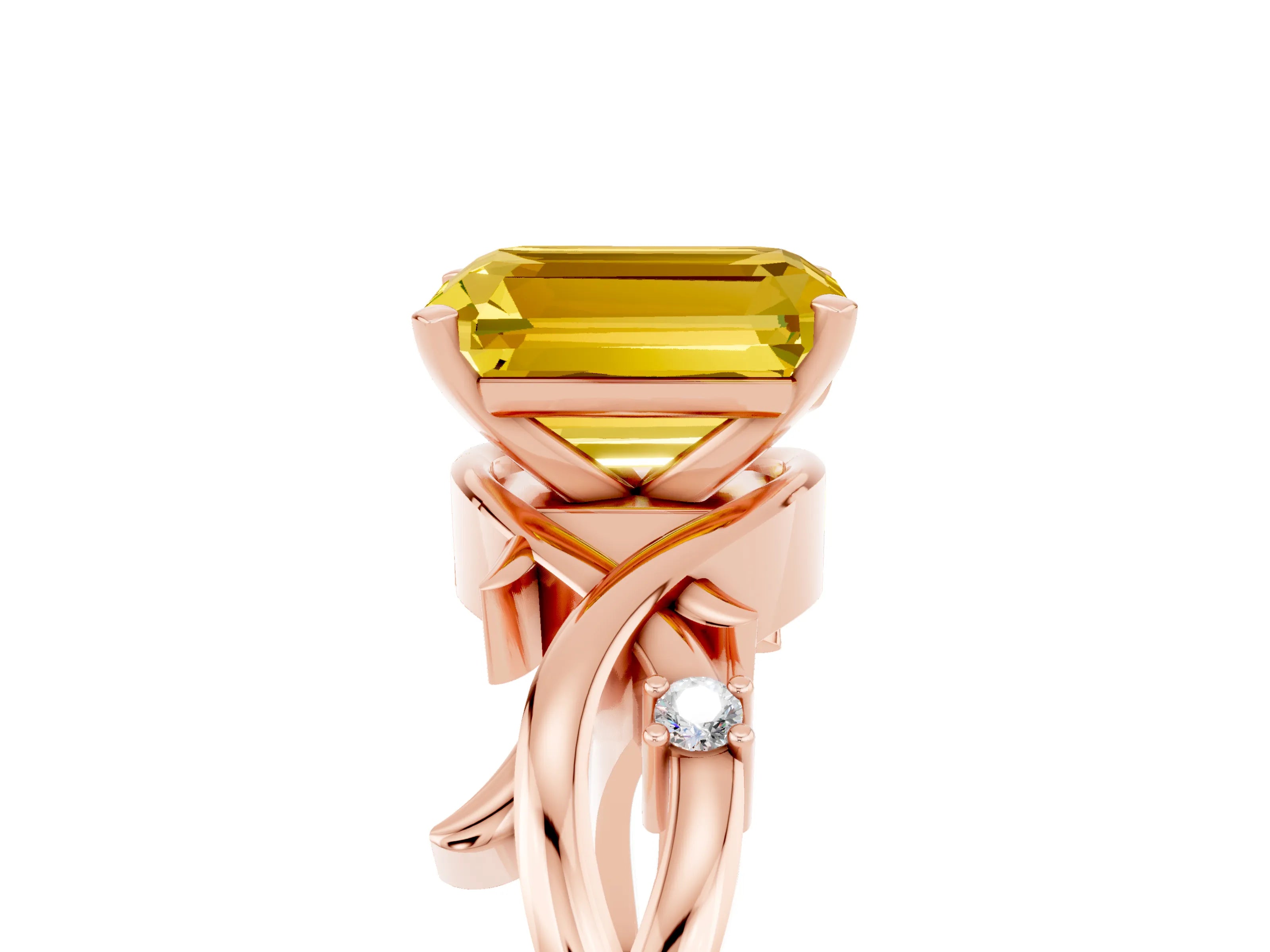 Rose gold Emerald Cut Yellow Sapphire Solitaire Ring with Twisted Band and Prong Setting_5