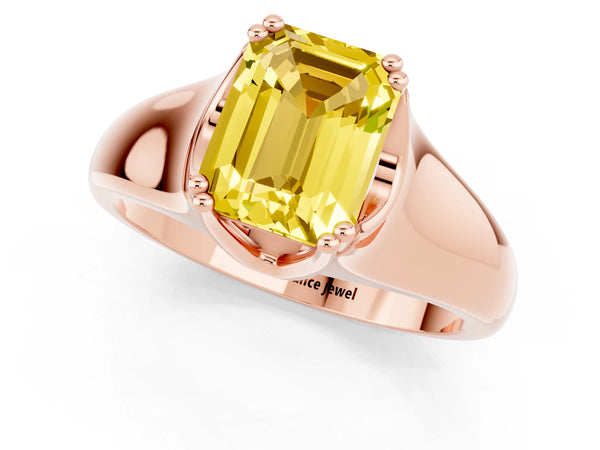 Rose gold Emerald Cut Yellow Sapphire Solitaire Ring with Wide Band and Prong Setting
