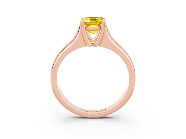 Rose gold Emerald Cut Yellow Sapphire Solitaire Ring with Wide Band and Prong Setting