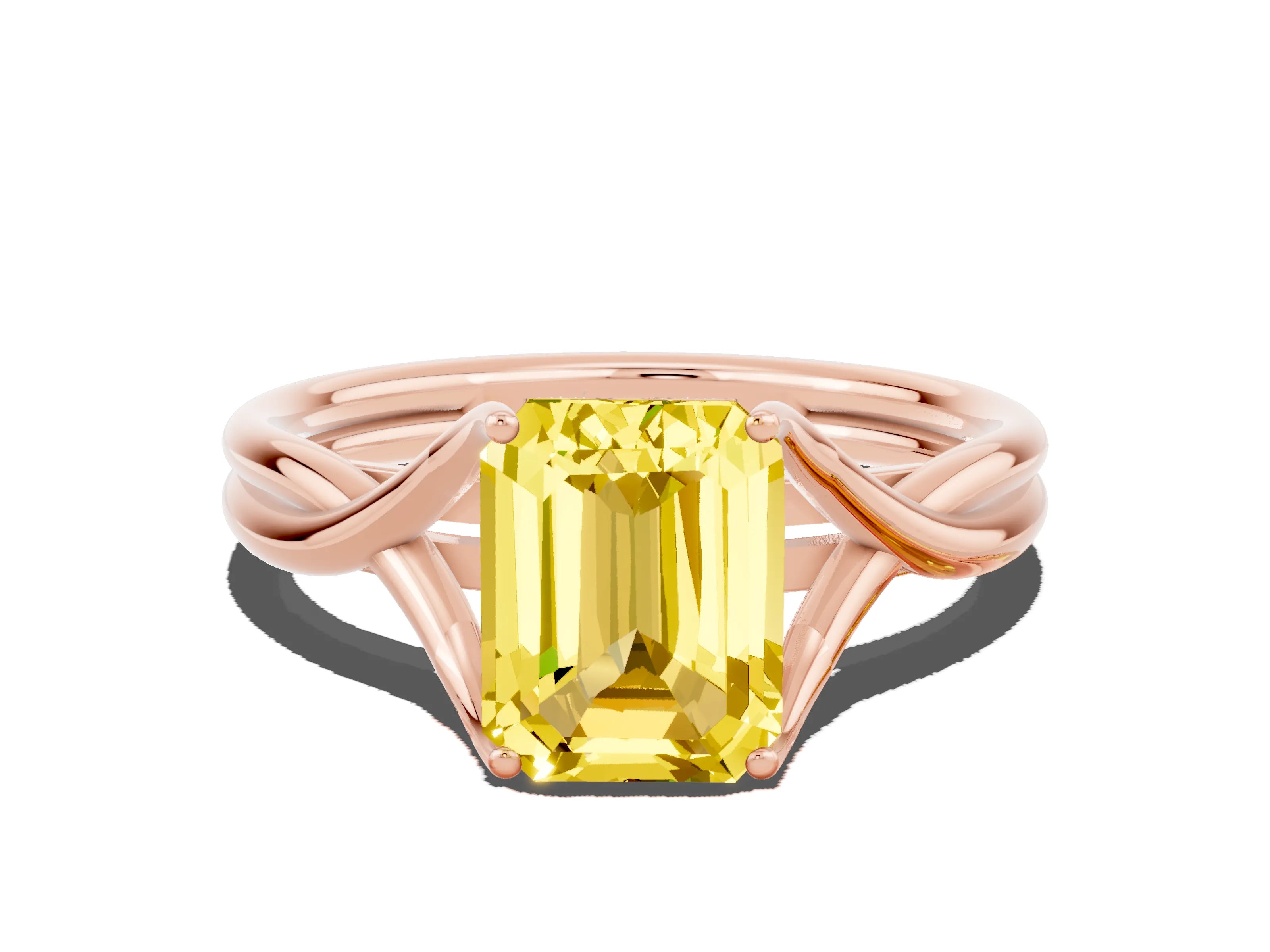 Rose gold Emerald Cut Yellow Sapphire Solitaire Twist Band Prong Setting Ring_84