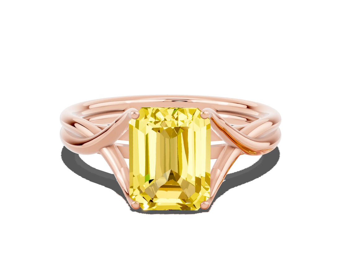 Rose gold Emerald Cut Yellow Sapphire Solitaire Twist Band Prong Setting Ring_84