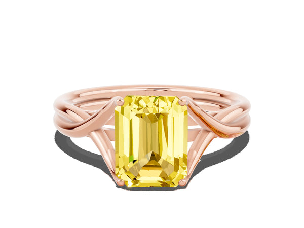 Rose gold Emerald Cut Yellow Sapphire Solitaire Twist Band Prong Setting Ring