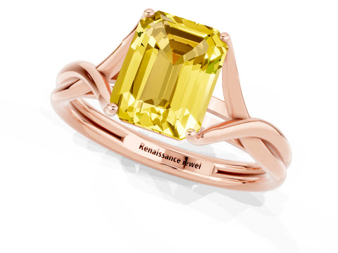 Rose gold Emerald Cut Yellow Sapphire Solitaire Twist Band Prong Setting Ring_85
