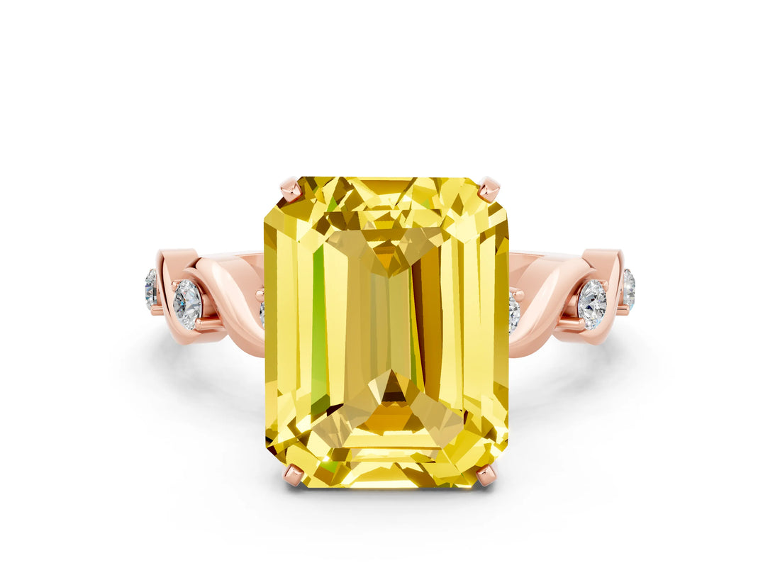 Rose gold Emerald Cut Yellow Sapphire Solitaire Twisted Band with Round  Accents and Prong Setting_12