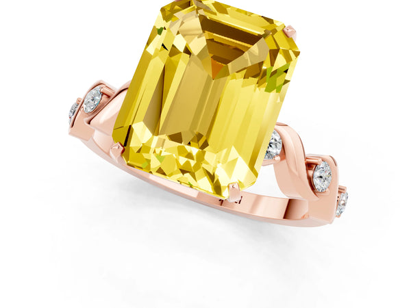Rose gold Emerald Cut Yellow Sapphire Solitaire Twisted Band with Round  Accents and Prong Setting