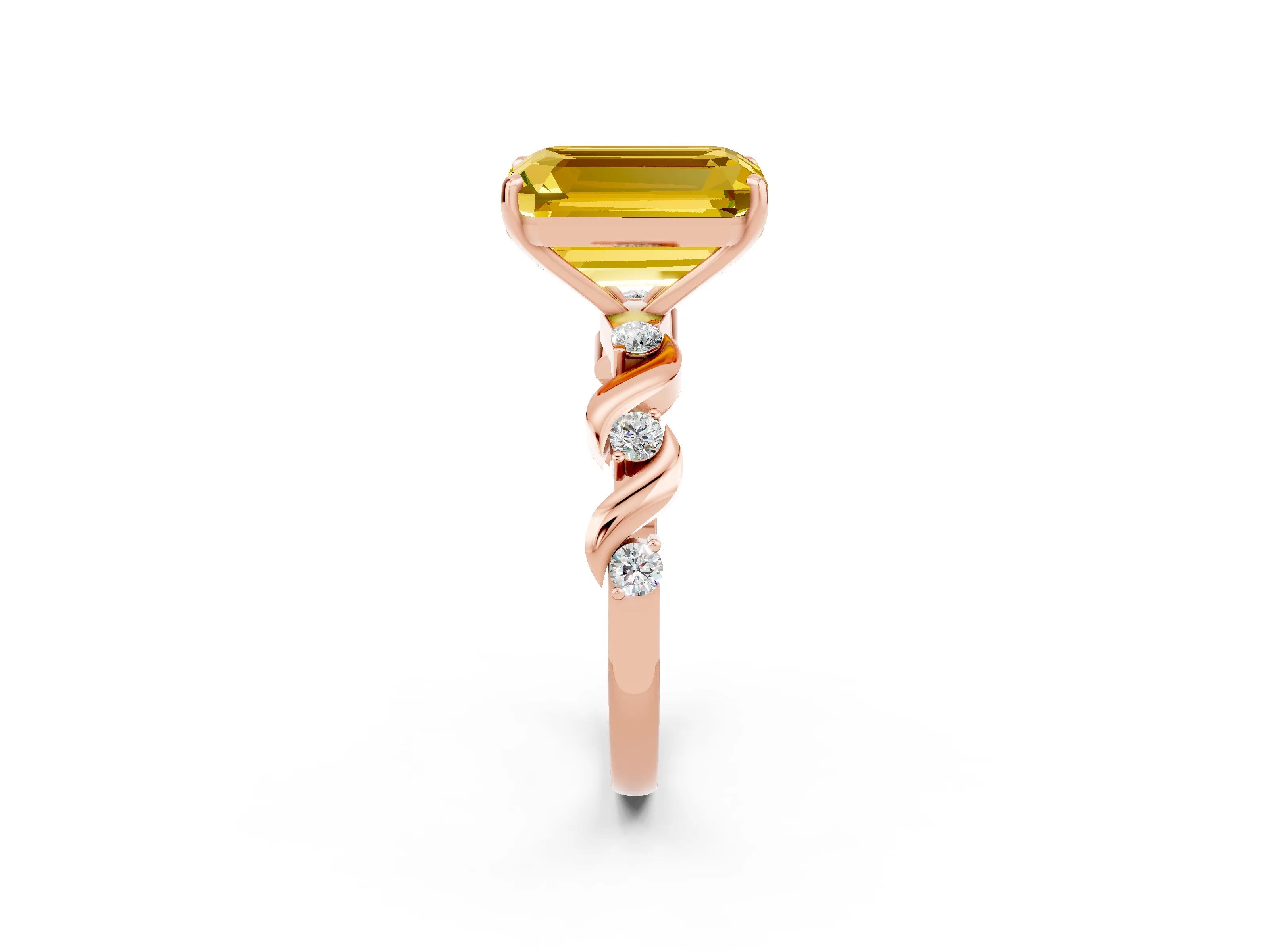 Rose gold Emerald Cut Yellow Sapphire Solitaire Twisted Band with Round  Accents and Prong Setting_14
