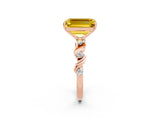 Rose gold Emerald Cut Yellow Sapphire Solitaire Twisted Band with Round  Accents and Prong Setting_14
