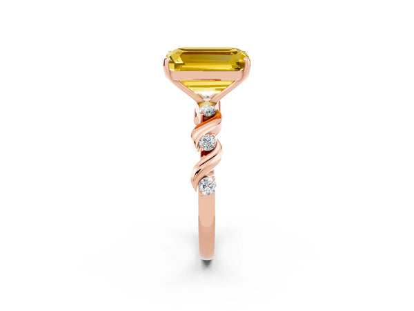Rose gold Emerald Cut Yellow Sapphire Solitaire Twisted Band with Round  Accents and Prong Setting