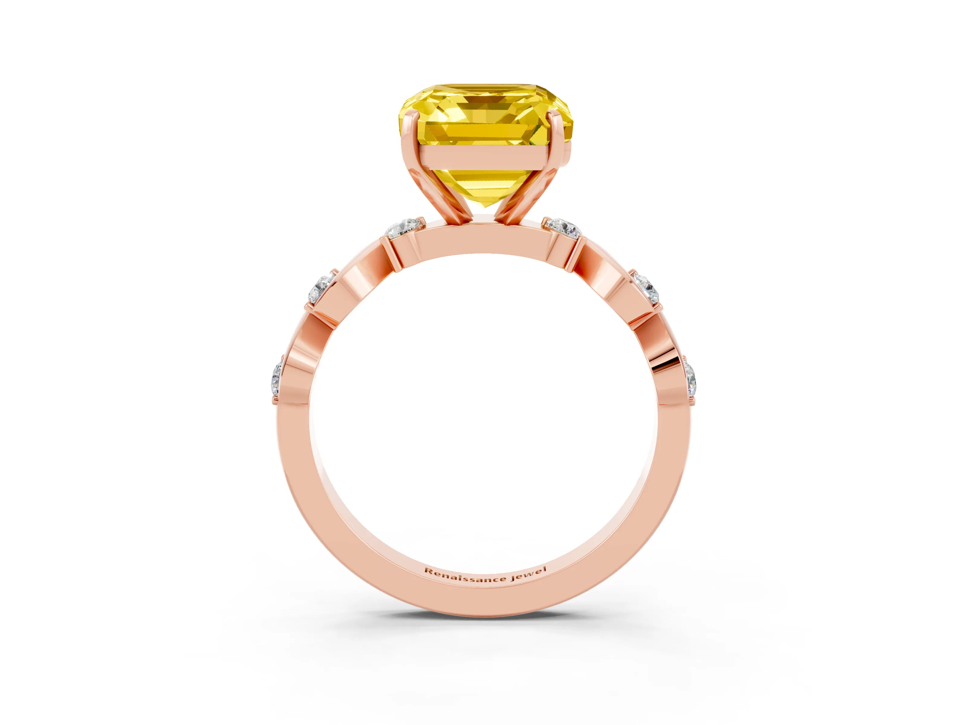 Rose gold Emerald Cut Yellow Sapphire Solitaire Twisted Band with Round  Accents and Prong Setting_15