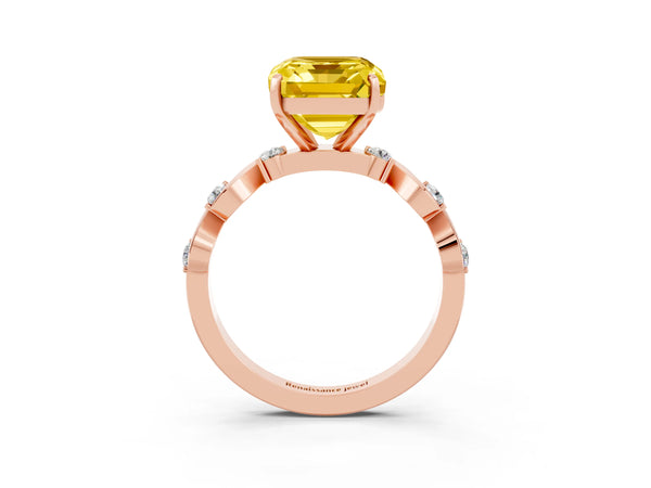 Rose gold Emerald Cut Yellow Sapphire Solitaire Twisted Band with Round  Accents and Prong Setting