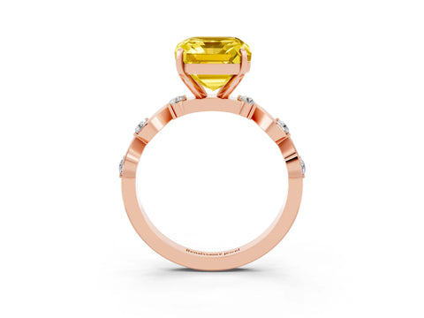 Rose gold Emerald Cut Yellow Sapphire Solitaire Twisted Band with Round  Accents and Prong Setting_15