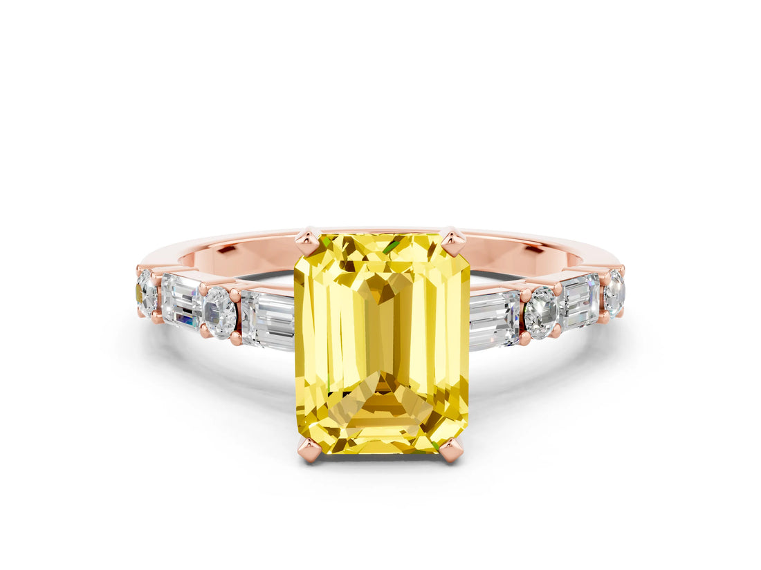 Rose gold Emerald Cut Yellow Sapphire Solitaire with Side Baguettes and Channel Set Band_24