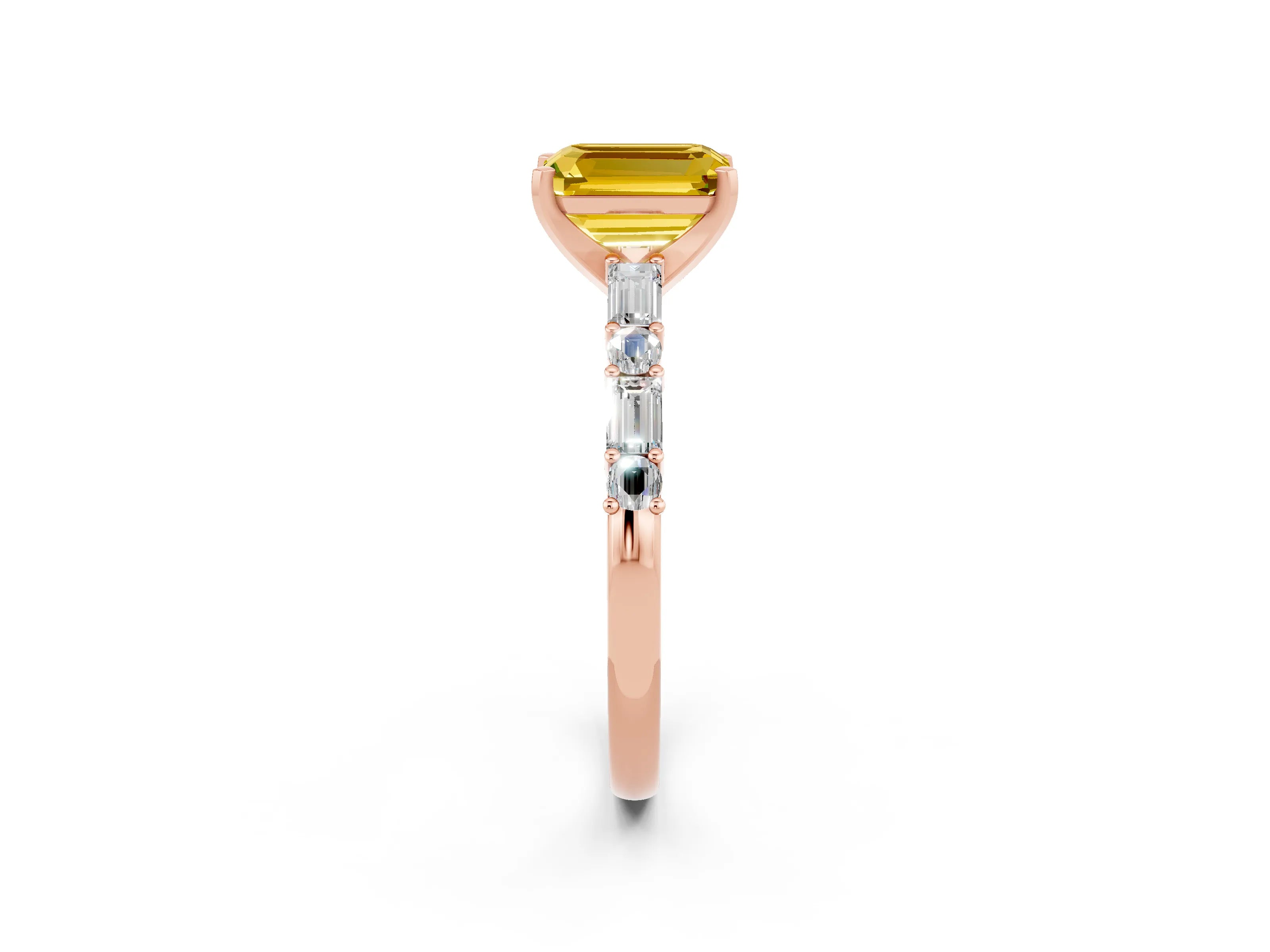 Rose gold Emerald Cut Yellow Sapphire Solitaire with Side Baguettes and Channel Set Band_26