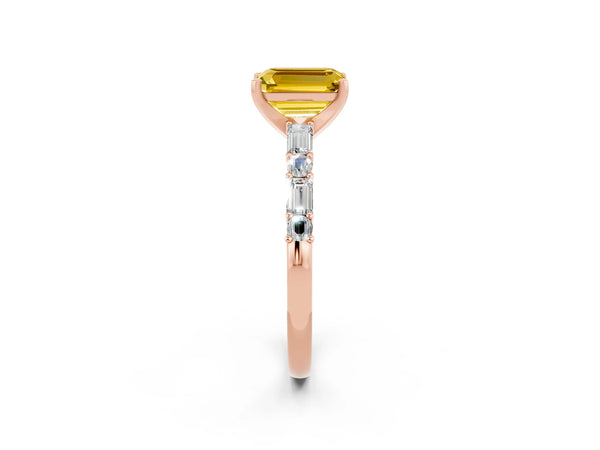 Rose gold Emerald Cut Yellow Sapphire Solitaire with Side Baguettes and Channel Set Band