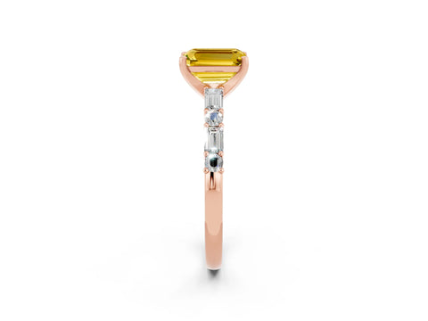 Rose gold Emerald Cut Yellow Sapphire Solitaire with Side Baguettes and Channel Set Band_26