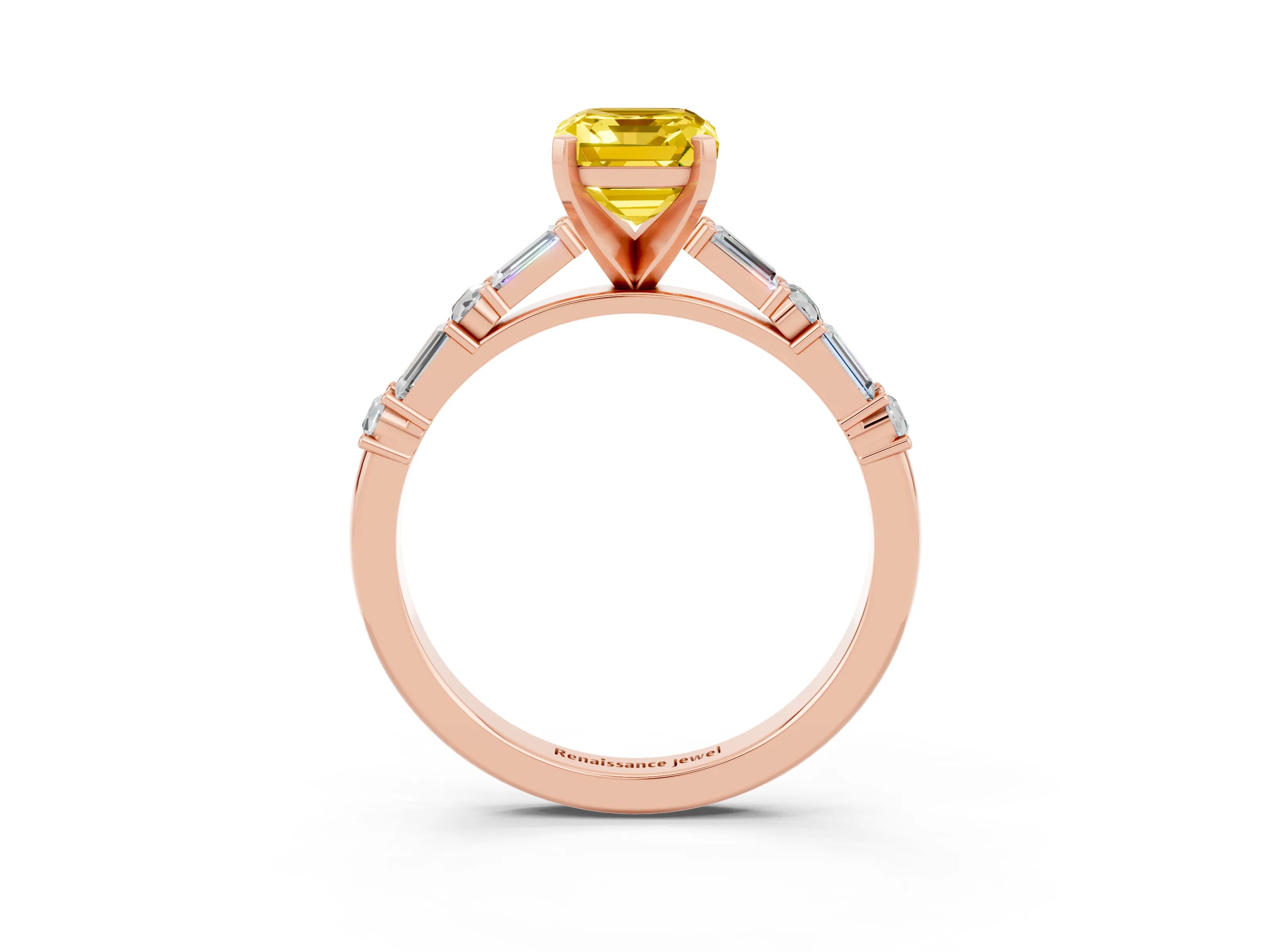 Rose gold Emerald Cut Yellow Sapphire Solitaire with Side Baguettes and Channel Set Band_27