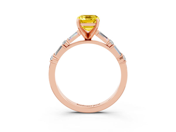 Rose gold Emerald Cut Yellow Sapphire Solitaire with Side Baguettes and Channel Set Band
