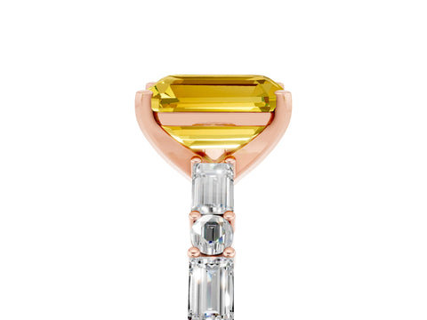 Rose gold Emerald Cut Yellow Sapphire Solitaire with Side Baguettes and Channel Set Band_29
