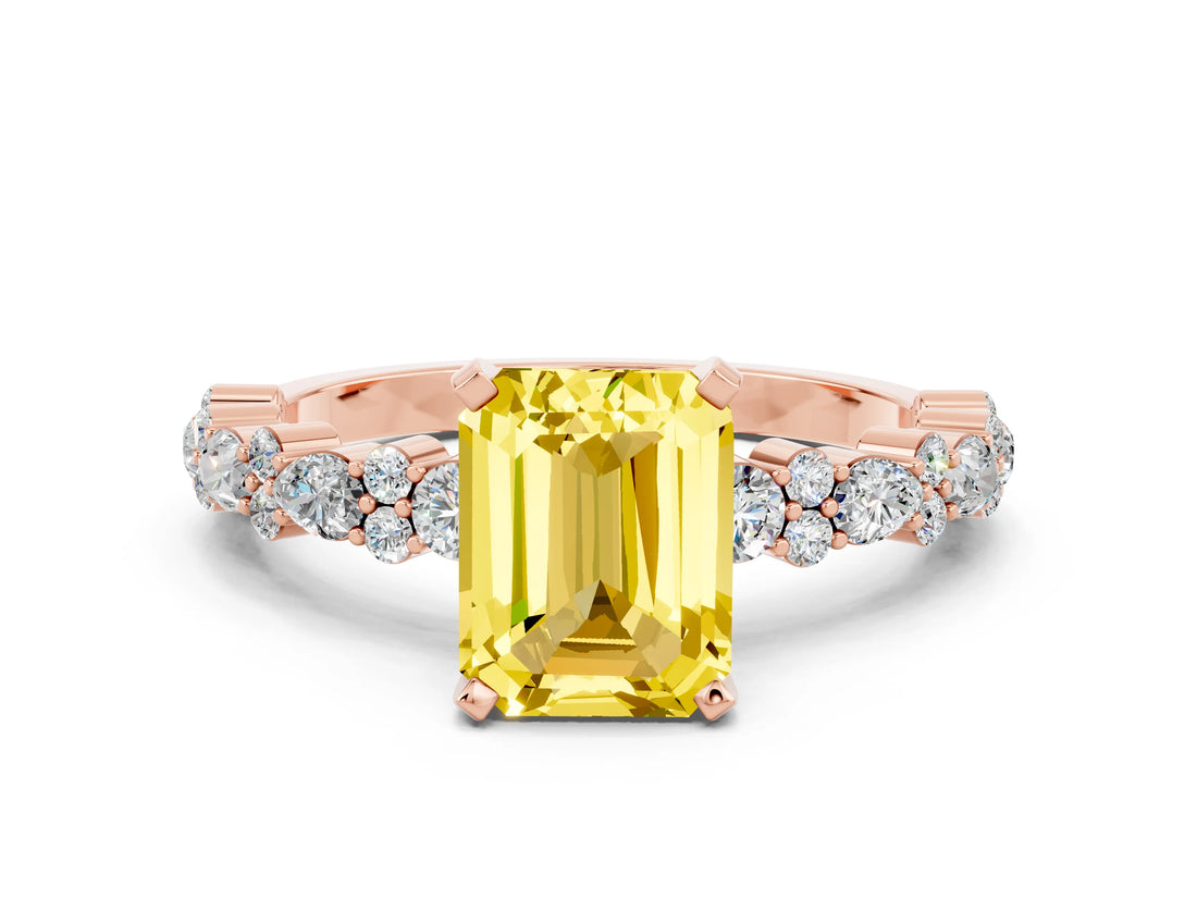 Rose gold Emerald Cut Yellow Sapphire Solitaire with Side Stones, Pave Band, Four-Prong Setting_72