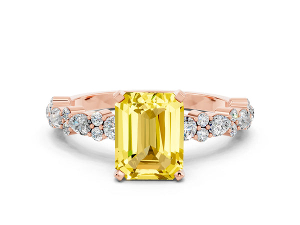 Rose gold Emerald Cut Yellow Sapphire Side Stone Solitaire Ring with Round  and Four-Prong Setting