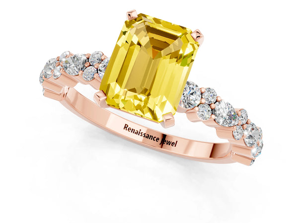 Rose gold Emerald Cut Yellow Sapphire Side Stone Solitaire Ring with Round  and Four-Prong Setting