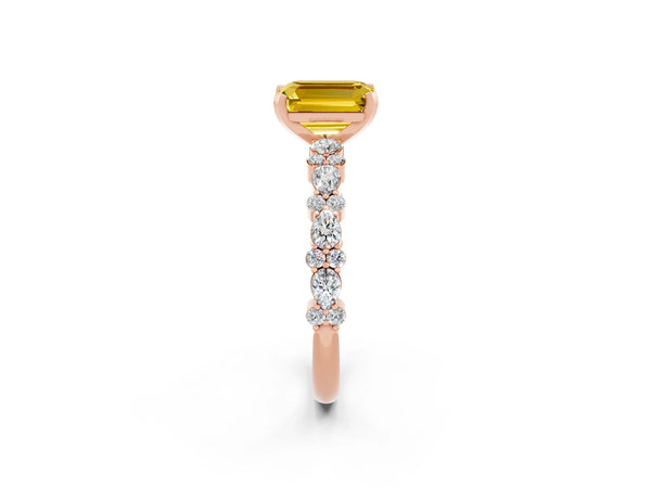 Rose gold Emerald Cut Yellow Sapphire Side Stone Solitaire Ring with Round  and Four-Prong Setting