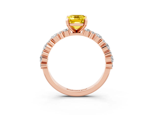 Rose gold Emerald Cut Yellow Sapphire Side Stone Solitaire Ring with Round  and Four-Prong Setting