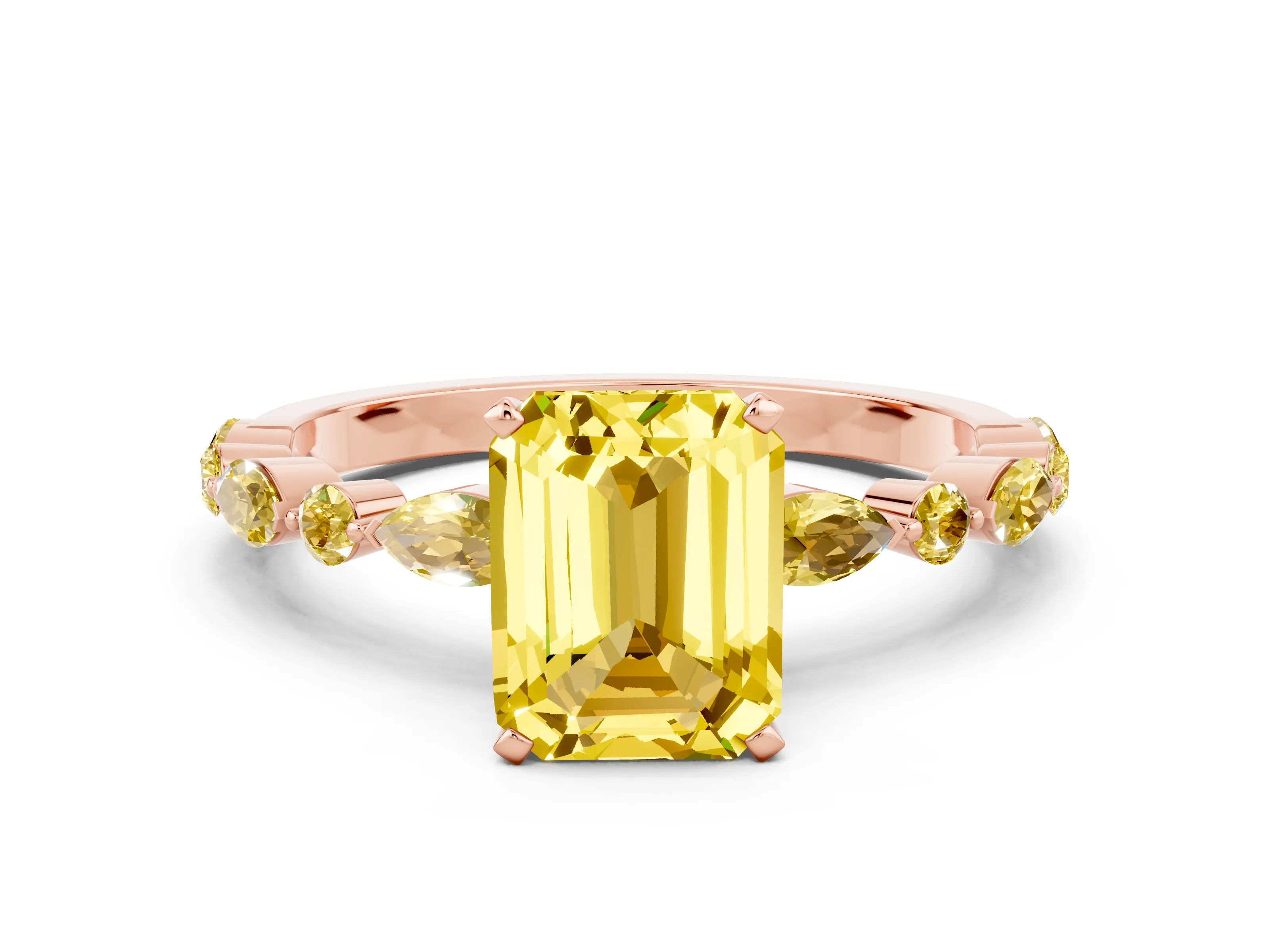 Rose gold Emerald Cut Yellow Sapphire Solitaire with Side Stones on a Pavé Band and Four-Prong Setting