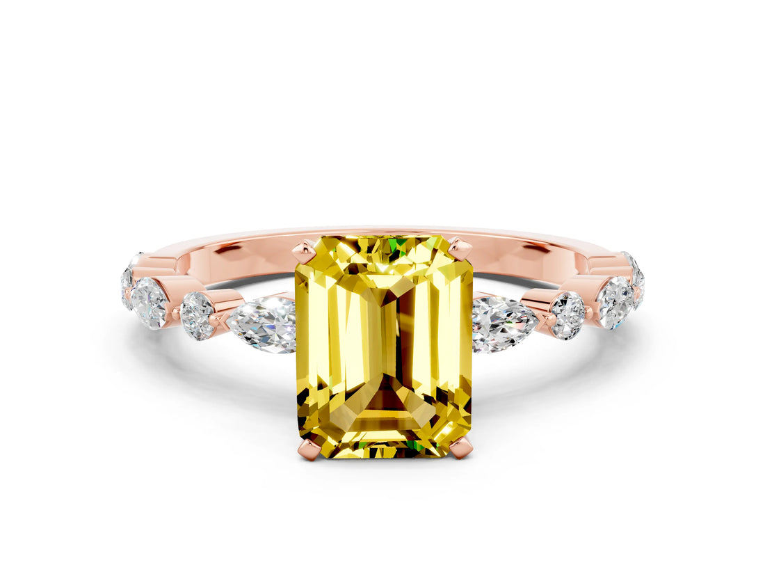Rose gold Emerald Cut Yellow Sapphire Solitaire with Side Stones on a Pavé Band and Four-Prong Setting_24