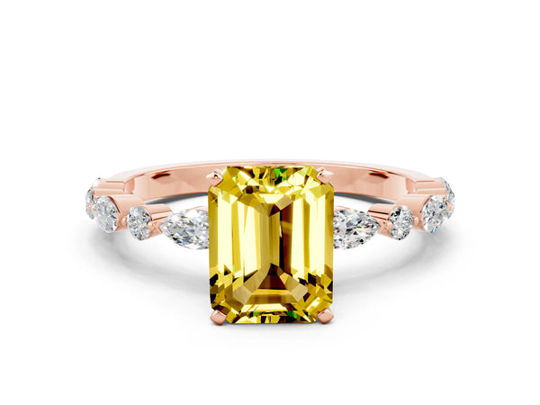 Rose gold Emerald Cut Yellow Sapphire Ring with Marquise and Round  Side Stones and Four-Prong Setting