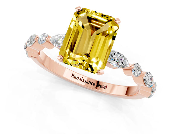 Rose gold Emerald Cut Yellow Sapphire Ring with Marquise and Round  Side Stones and Four-Prong Setting