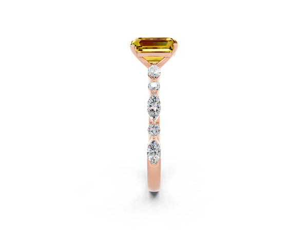 Rose gold Emerald Cut Yellow Sapphire Ring with Marquise and Round  Side Stones and Four-Prong Setting