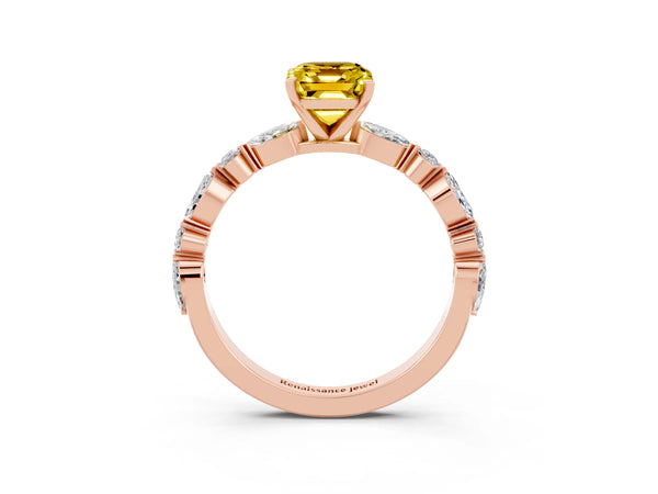 Rose gold Emerald Cut Yellow Sapphire Ring with Marquise and Round  Side Stones and Four-Prong Setting