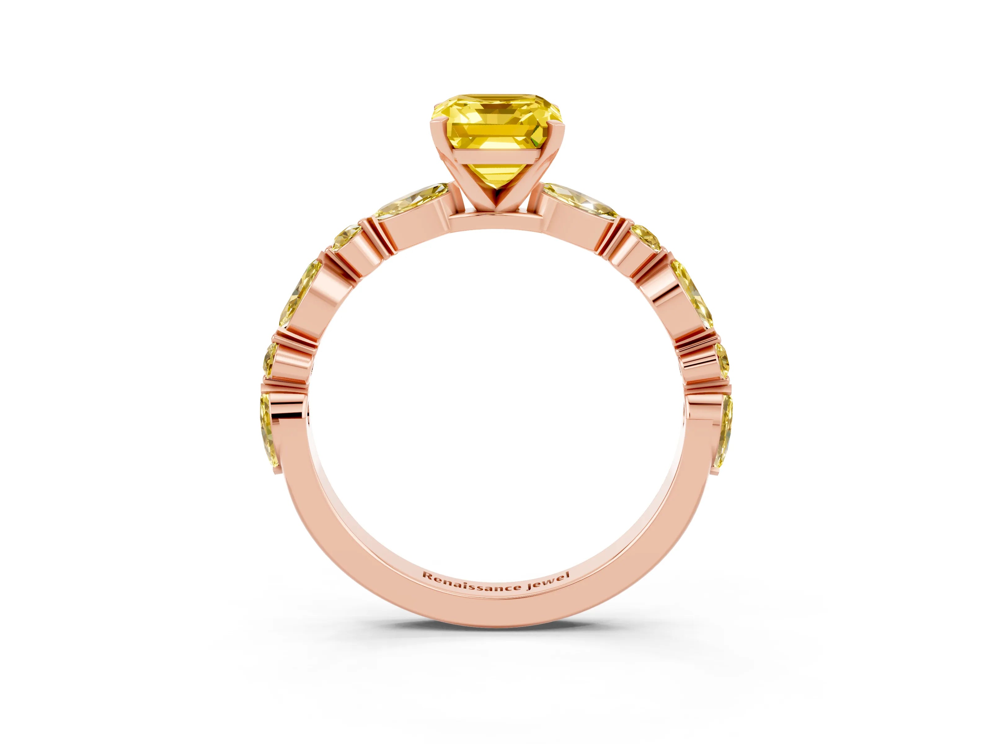 Rose gold Emerald Cut Yellow Sapphire Solitaire with Side Stones on a Pavé Band and Four-Prong Setting_3