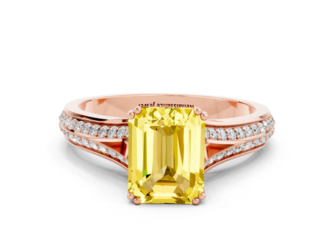 Rose gold Emerald Cut Yellow Sapphire Split Shank Engagement Ring with Pavé Band_24