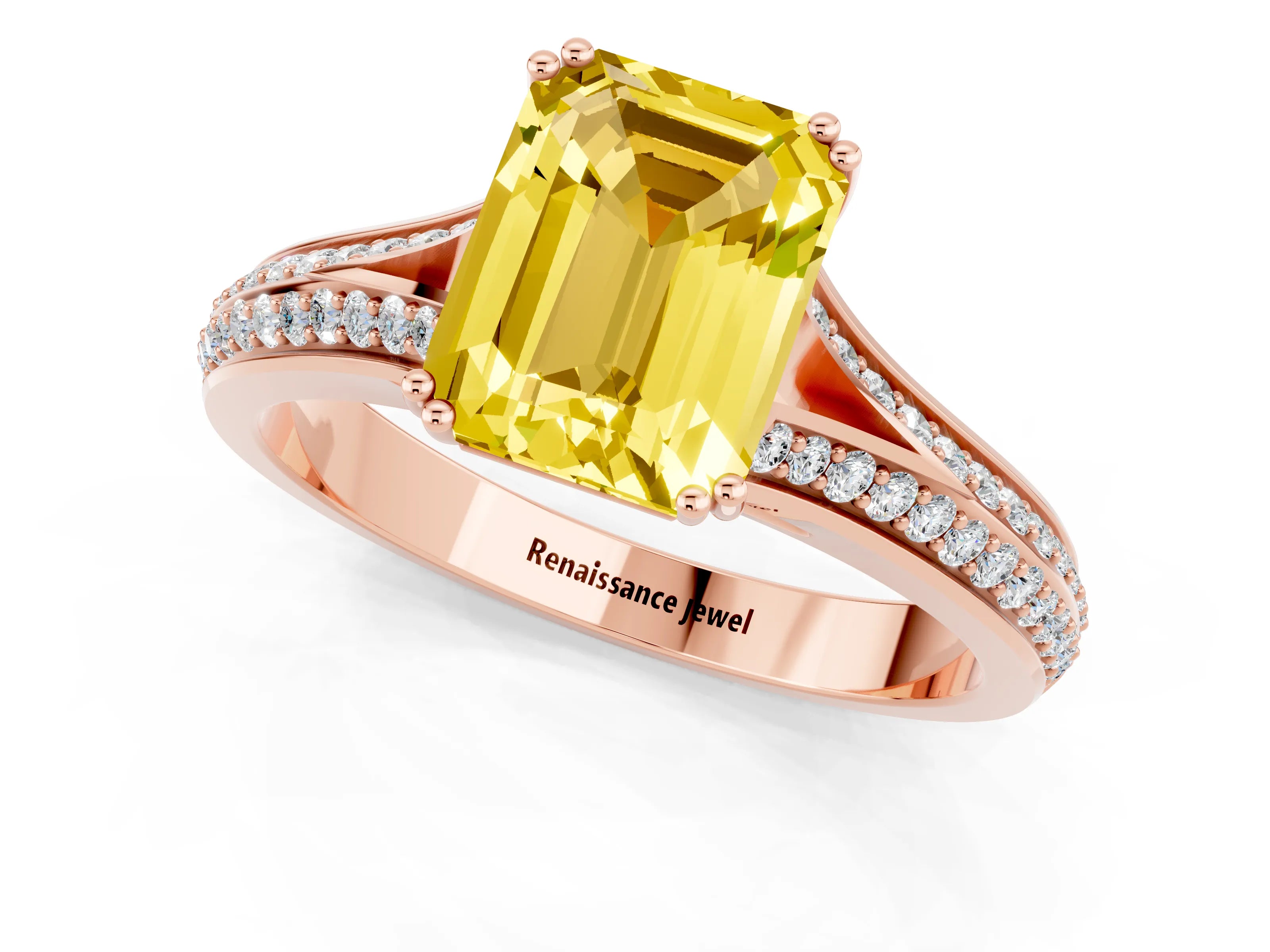 Rose gold Emerald Cut Yellow Sapphire Split Shank Engagement Ring with Pavé Band_25